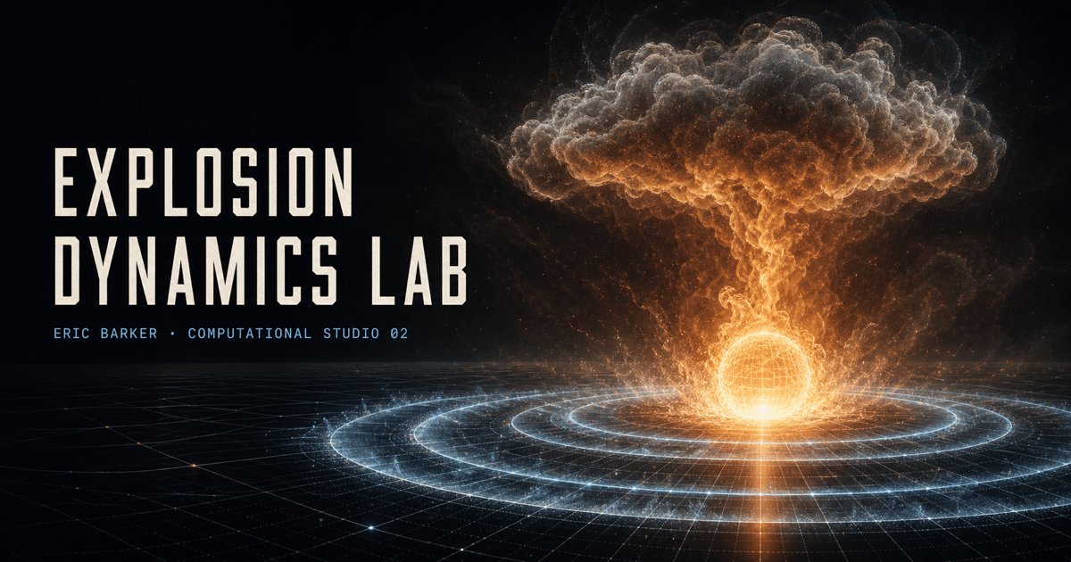 Explosion Dynamics Lab showing an abstract fireball, pressure front, and rising volumetric cloud