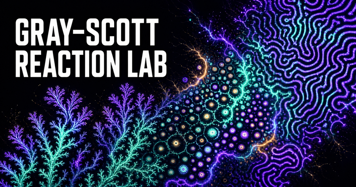 Gray-Scott Reaction Lab title beside luminous coral, spot, and maze patterns