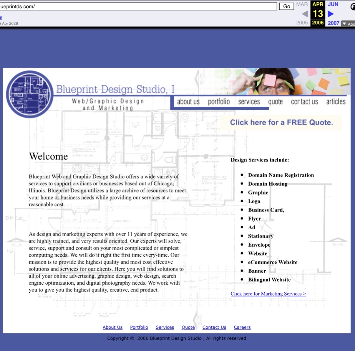 Screenshot of the original Blueprint Design Studio homepage, 2006