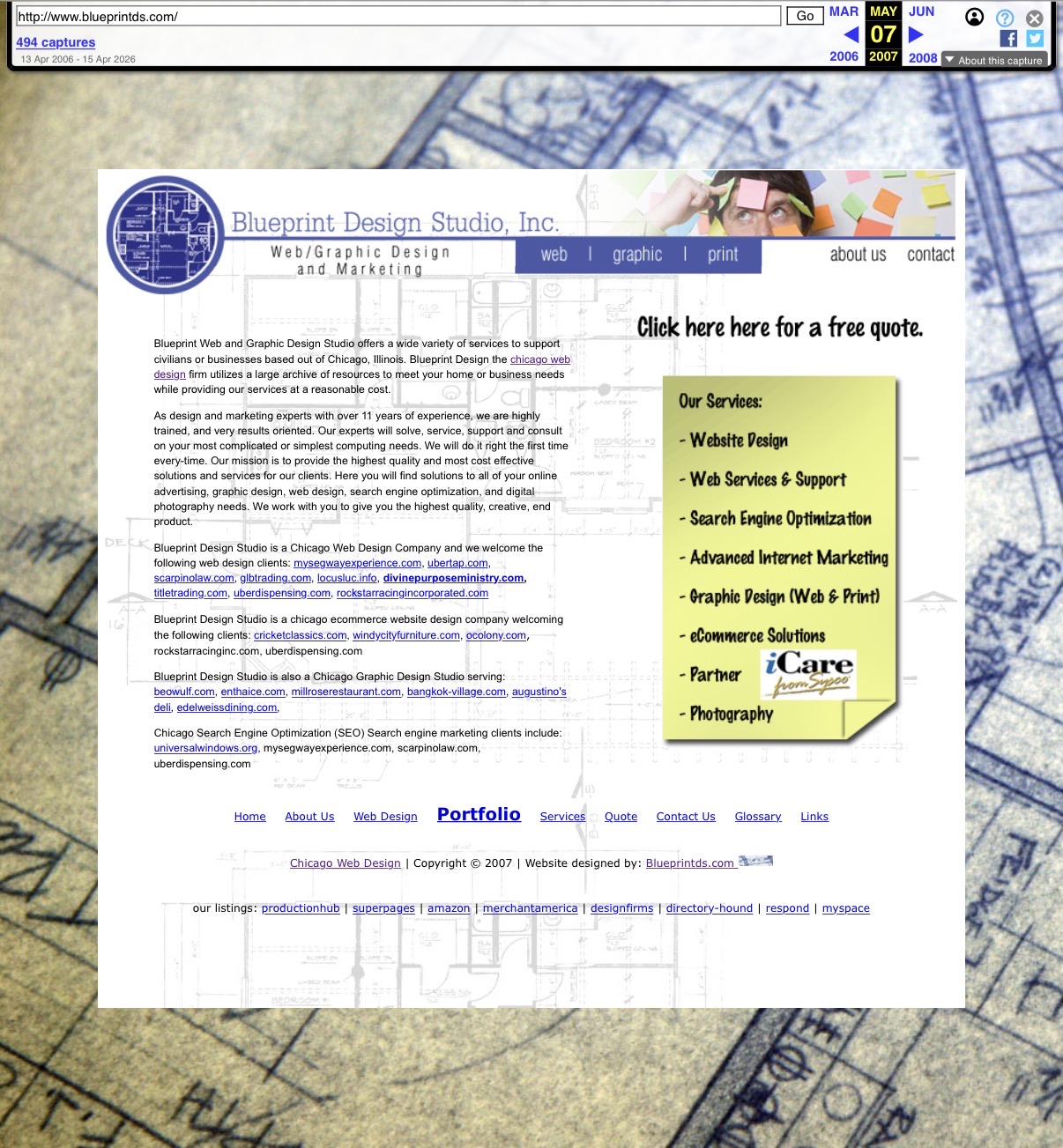 Screenshot of the Blueprint Design Studio services homepage, 2007