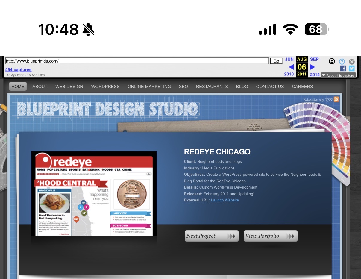 Screenshot of the RedEye Chicago case study on Blueprint Design Studio's site, 2011
