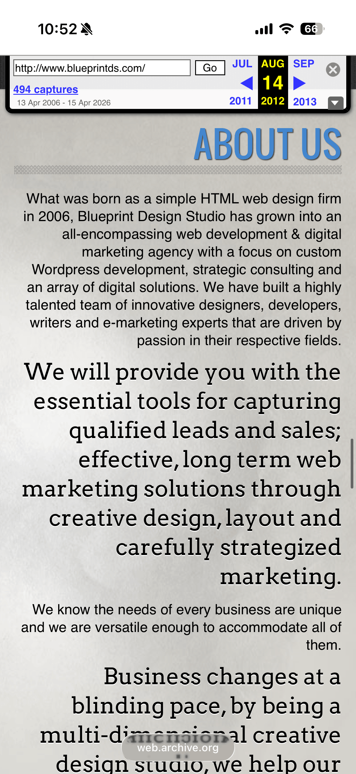 Screenshot of the Blueprint Design Studio about page copy, 2012