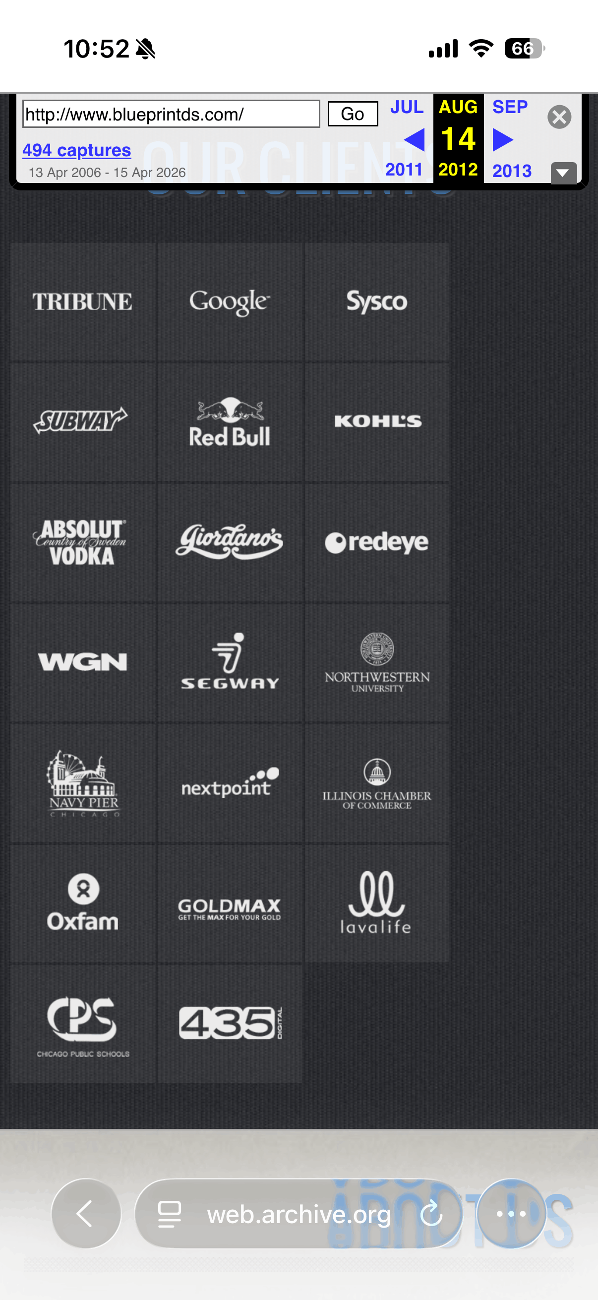 Screenshot of the Blueprint Design Studio client logos section, 2012