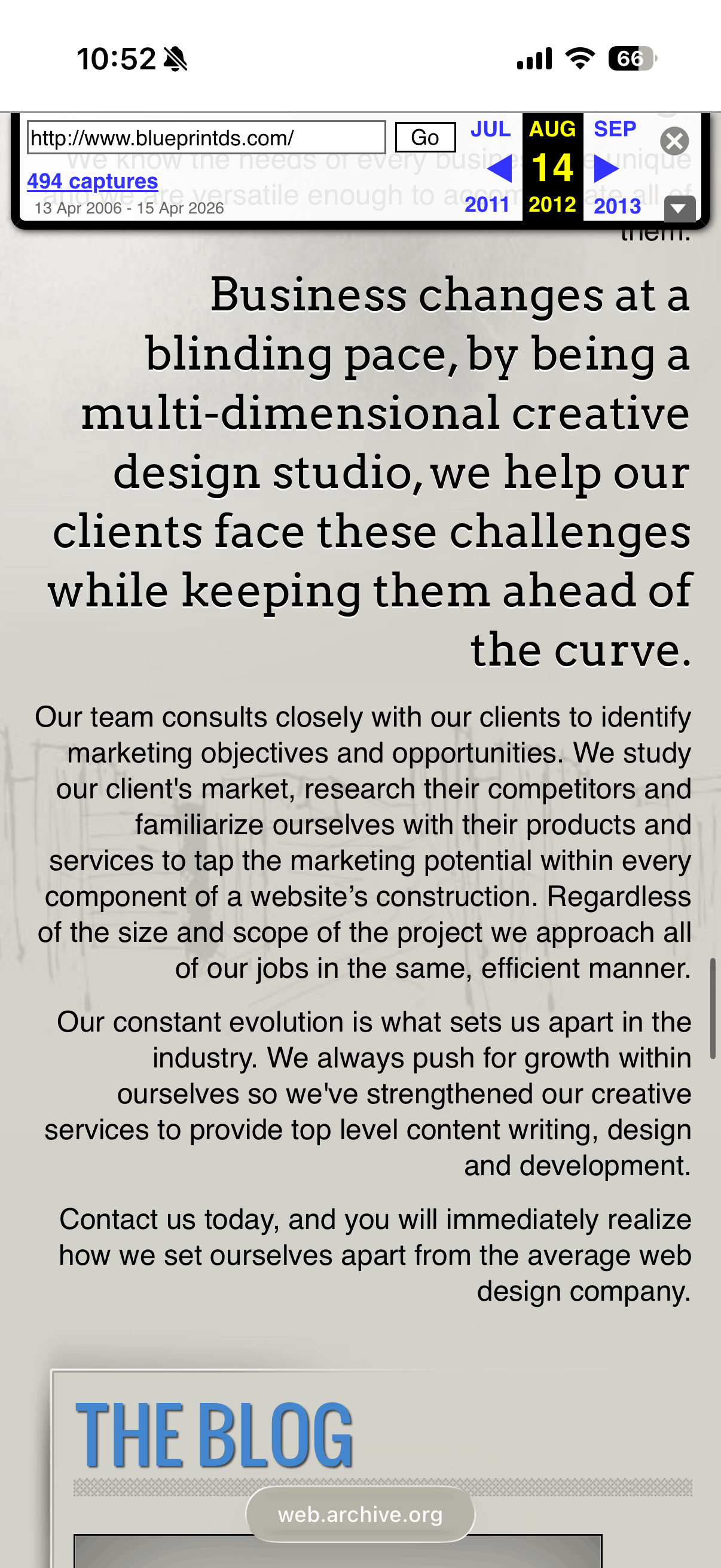Screenshot of a Blueprint Design Studio services detail page, 2012