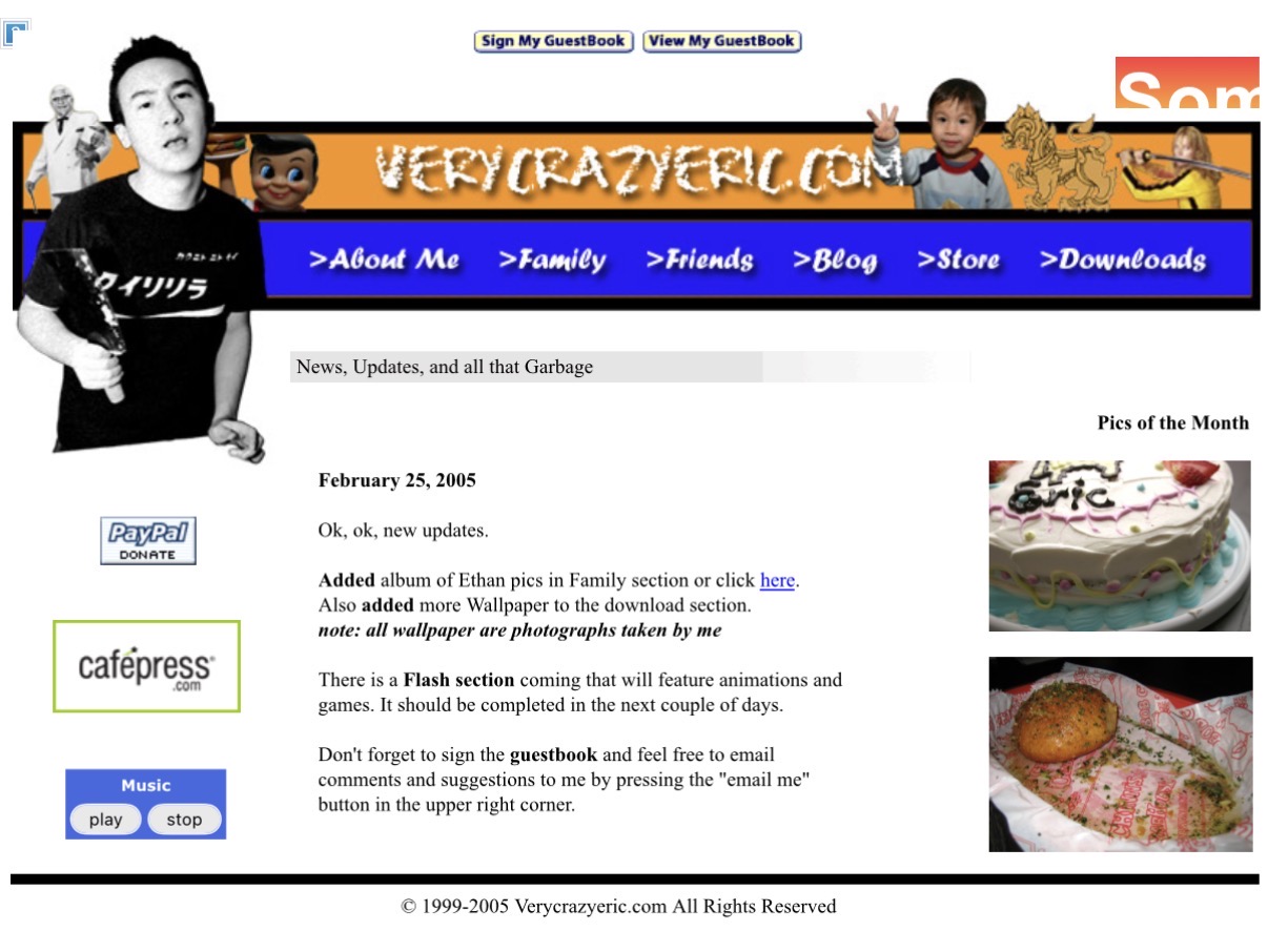 Screenshot of the VeryCrazyEric.com news page, 2005