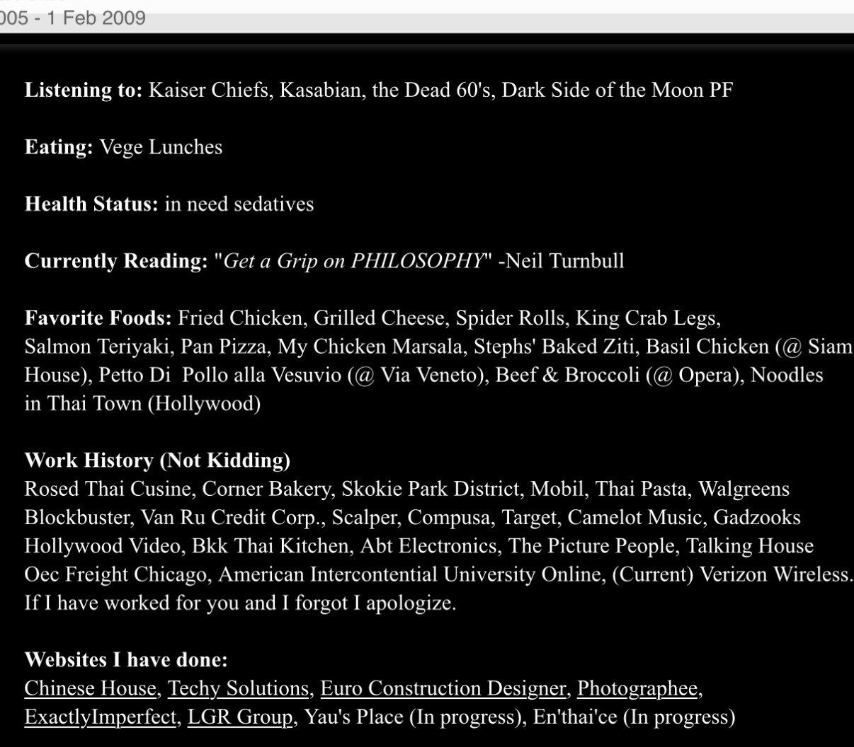 Screenshot of the VeryCrazyEric.com about page, 2006