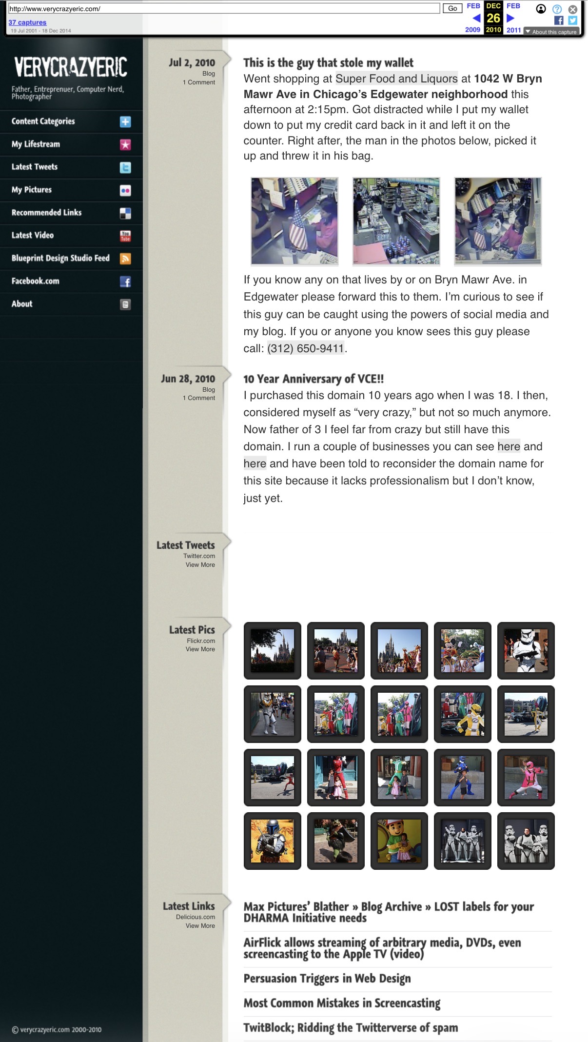 Screenshot of the VeryCrazyEric.com blog, 2010